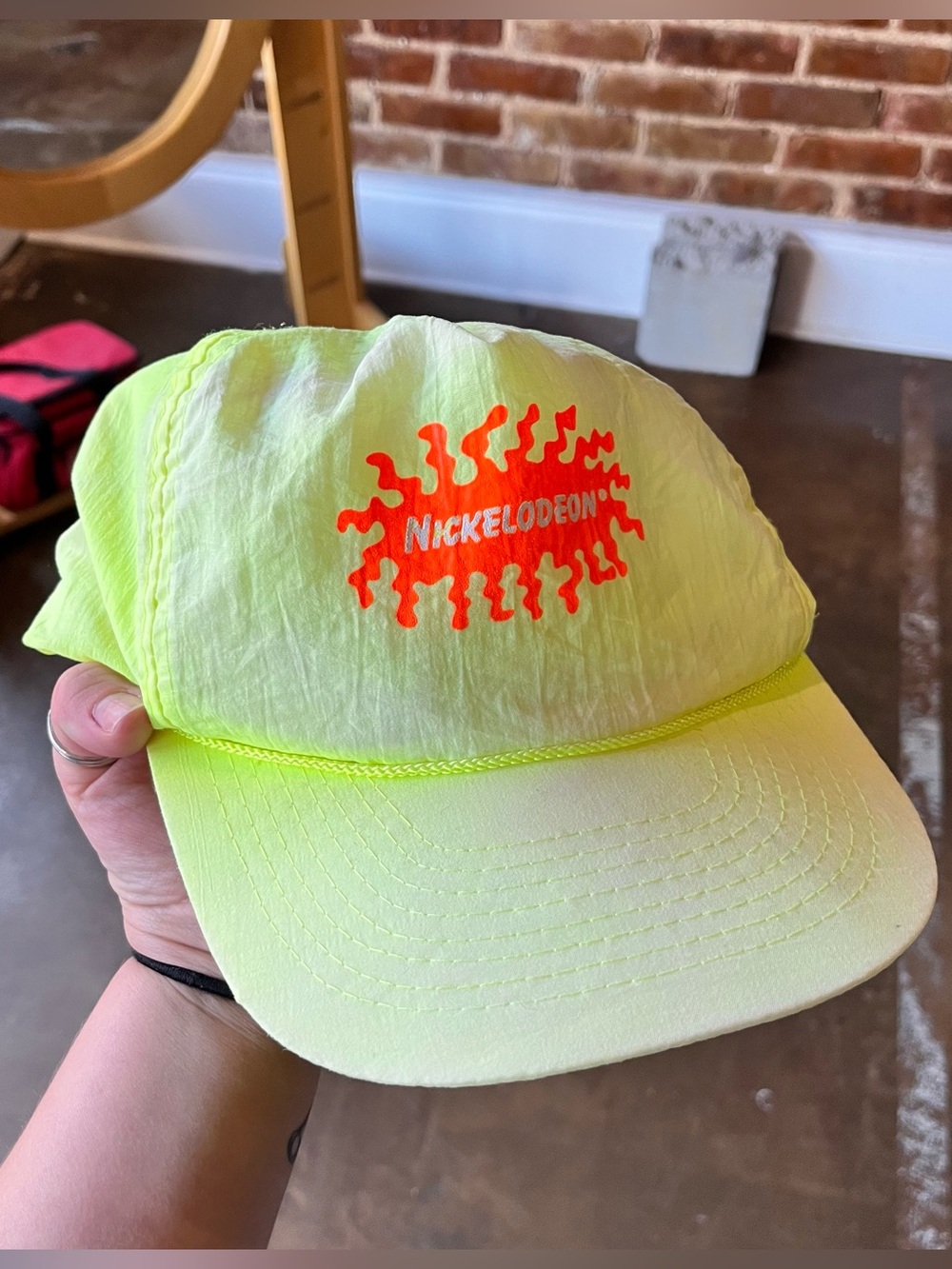 VIntage 90s Nickelodeon Neon Yellow Slime Splat Logo Adult Snapback Hat OS Y2K